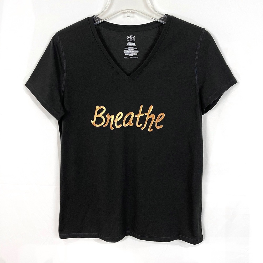 NWOT Athletic Works Shiny Metallic Gold Foil “Breathe” Saying T-shirt